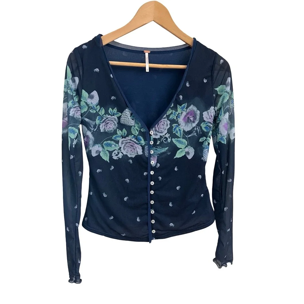 Free People Navy Home Grown Cardi Floral Strawberry Mesh Button-Front XS Top